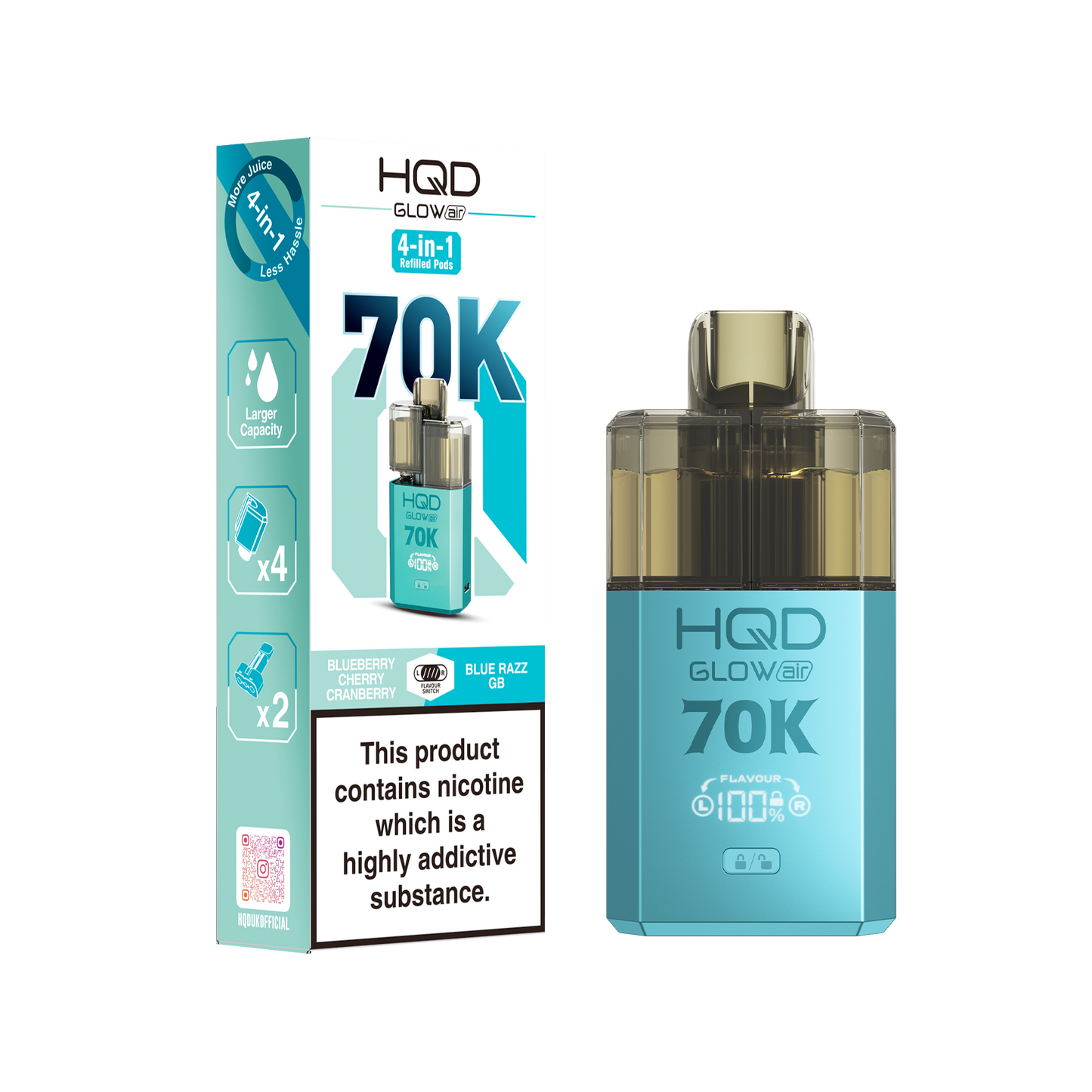 HQD Glow Air 70K Puff Prefilled Pod Vape Kit Box of 5, Blueberry Cherry Cranberry, Blue Razz Gb Flavour