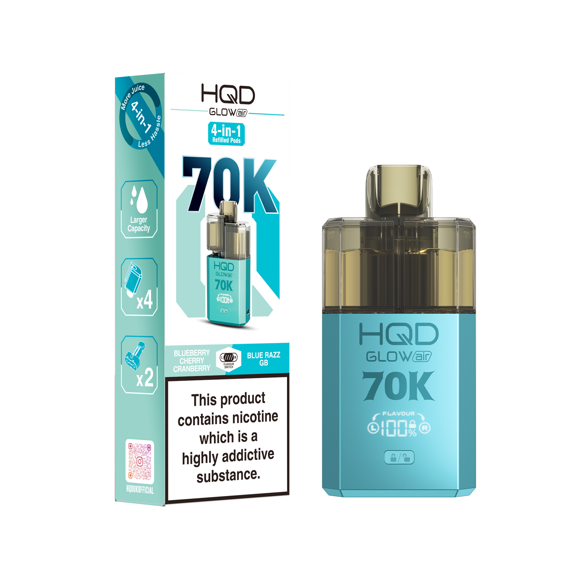 HQD Glow Air 70K Puff Prefilled Pod Vape Kit Box of 5, Blueberry Cherry Cranberry, Blue Razz Gb Flavour