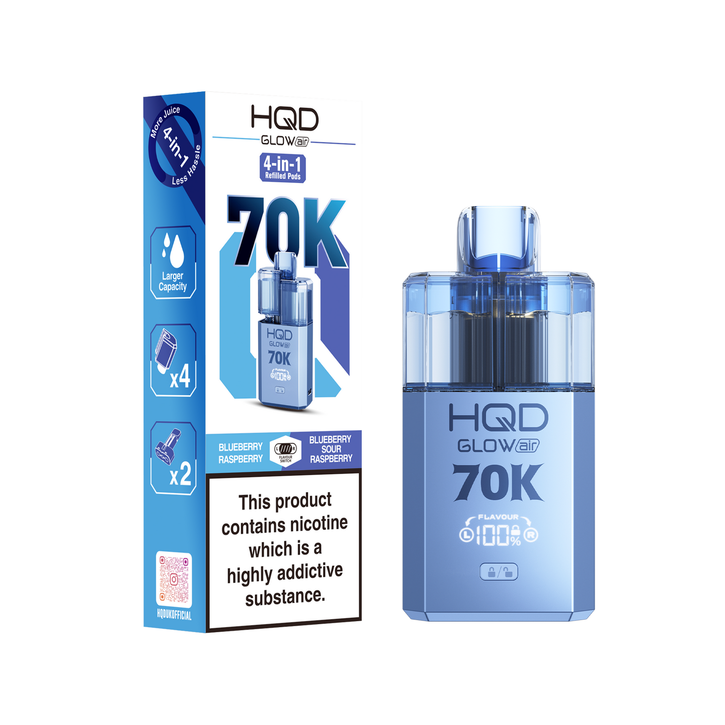 HQD Glow Air 70K Puff Prefilled Pod Vape Kit Box of 5, Blueberry Raspberry, Blueberry Sour Raspberry Flavour