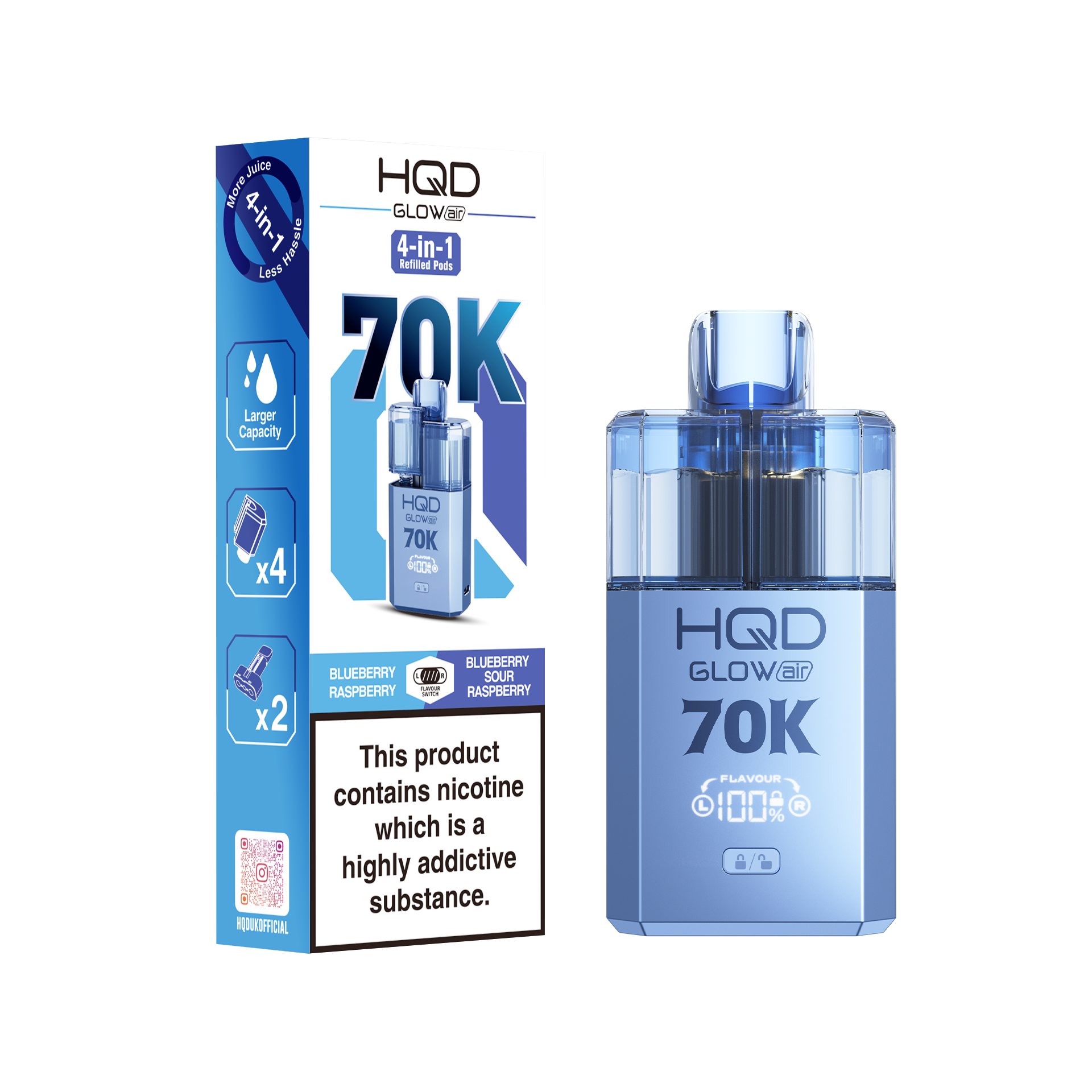 HQD Glow Air 70K Puff Prefilled Pod Vape Kit Box of 5, Blueberry Raspberry, Blueberry Sour Raspberry Flavour