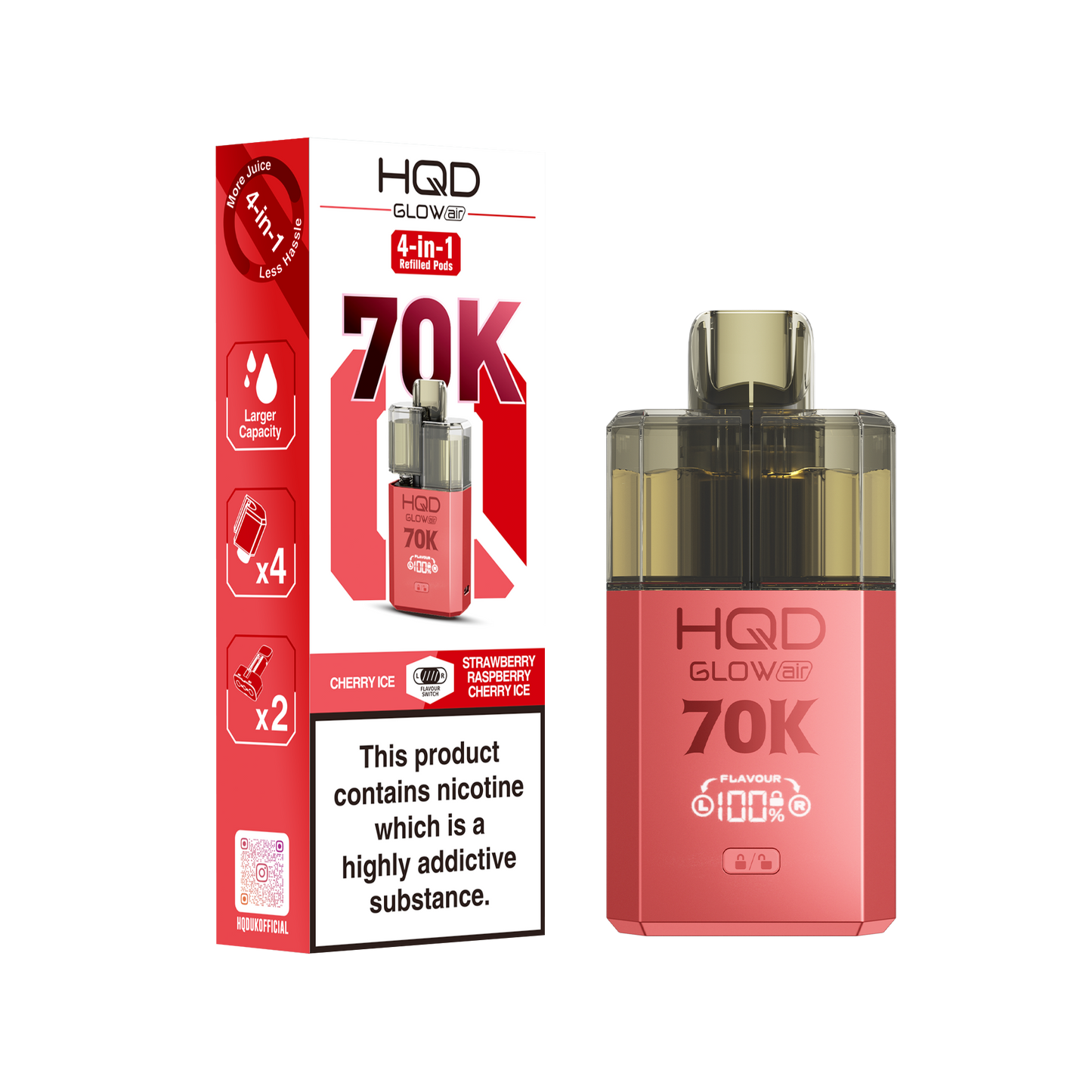 HQD Glow Air 70K Puff Prefilled Pod Vape Kit Box of 5, Cherry, Strawberry Raspberry Cherry Ice Flavour