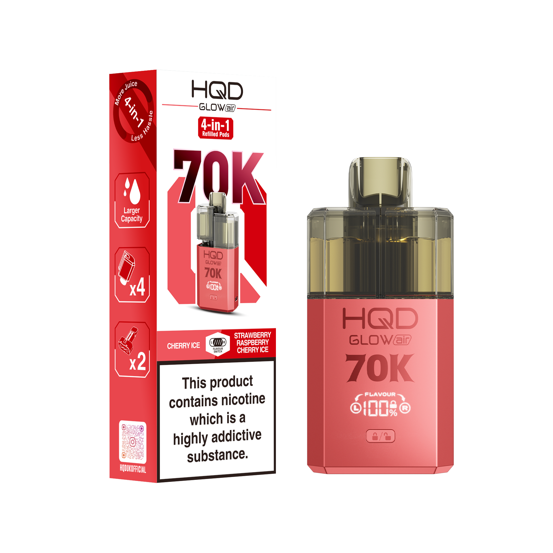 HQD Glow Air 70K Puff Prefilled Pod Vape Kit Box of 5, Cherry, Strawberry Raspberry Cherry Ice Flavour
