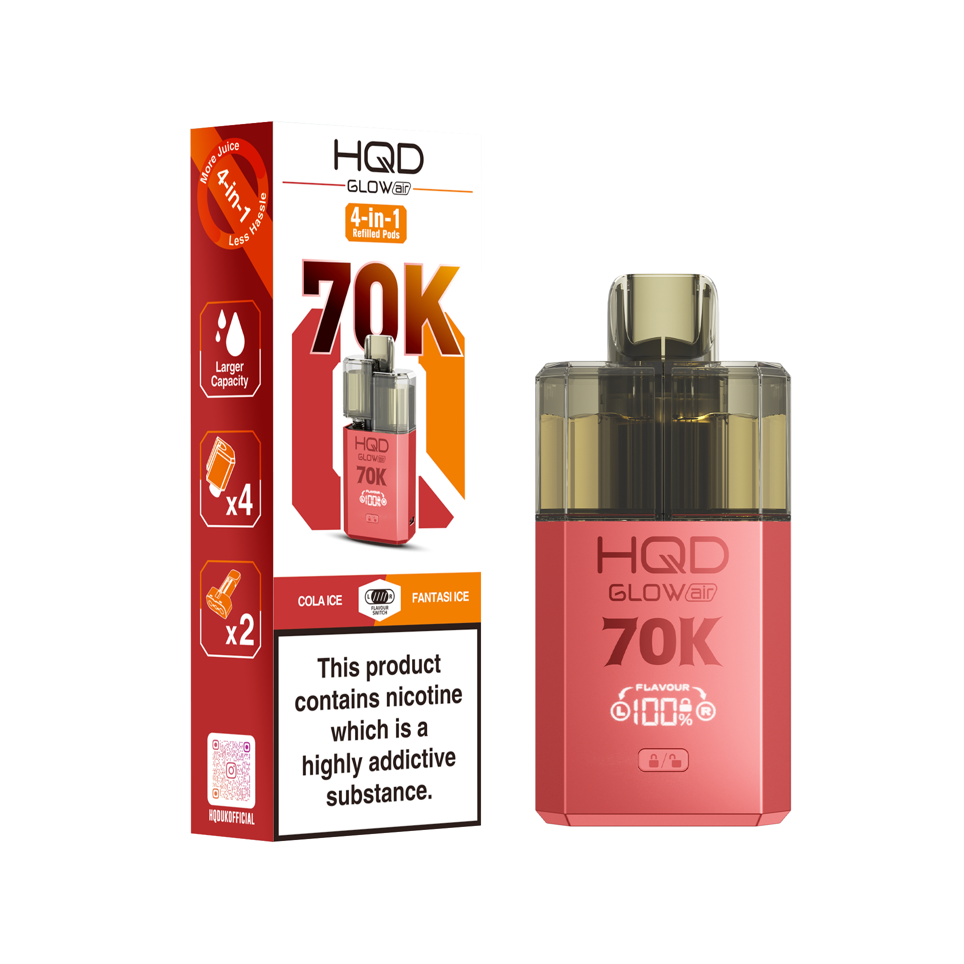 HQD Glow Air 70K Puff Prefilled Pod Vape Kit Box of 5, Cola, Fantasy Flavour