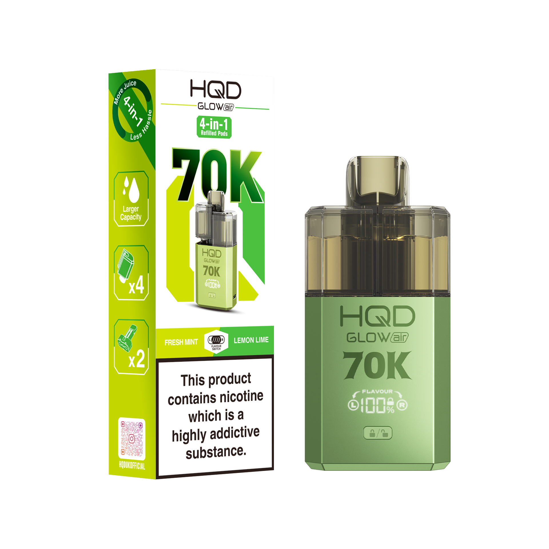 HQD Glow Air 70K Puff Prefilled Pod Vape Kit Box of 5, Fresh Mint, 
Lemon Mint Flavour