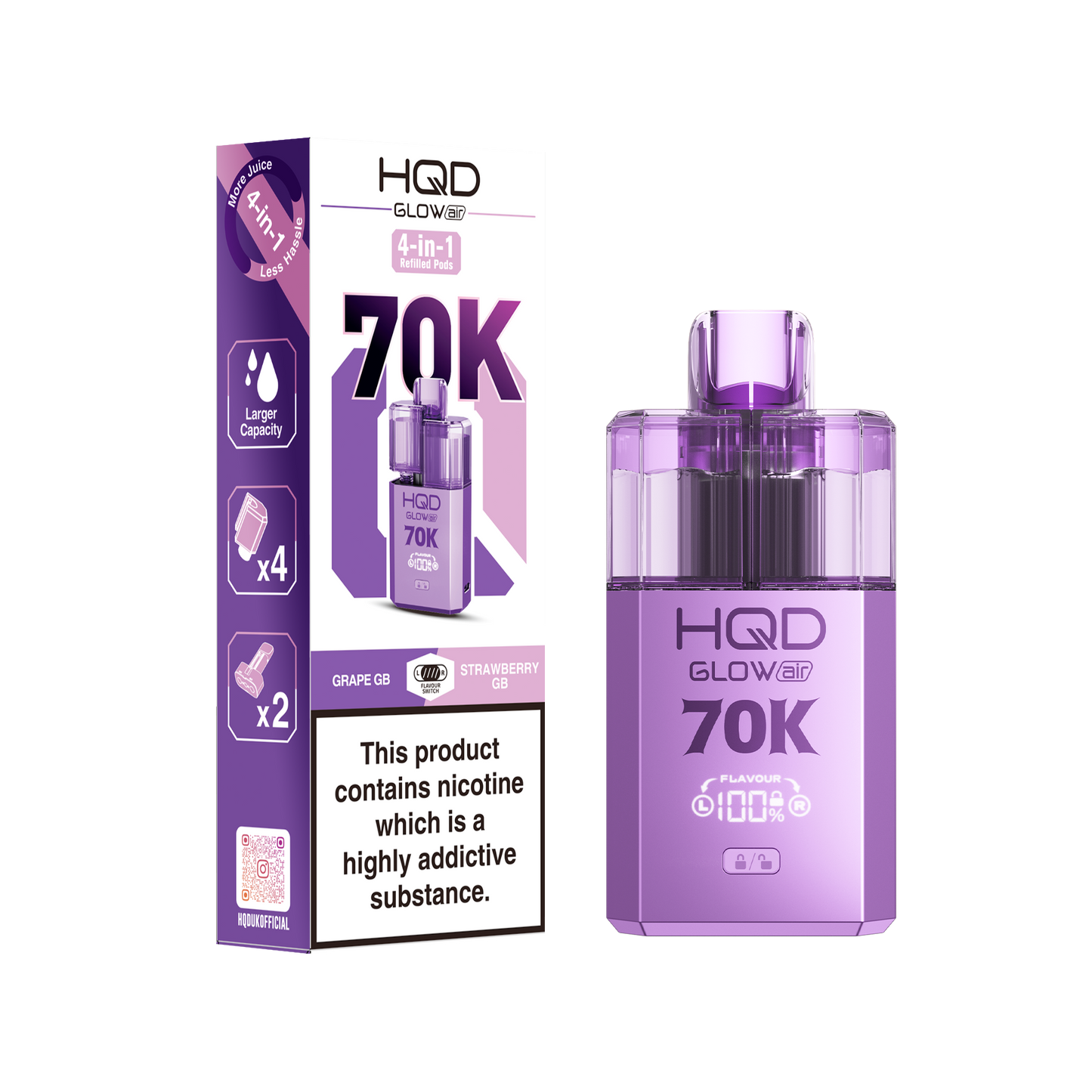 HQD Glow Air 70K Puff Prefilled Pod Vape Kit Box of 5, Grape, Strawberry Flavour
