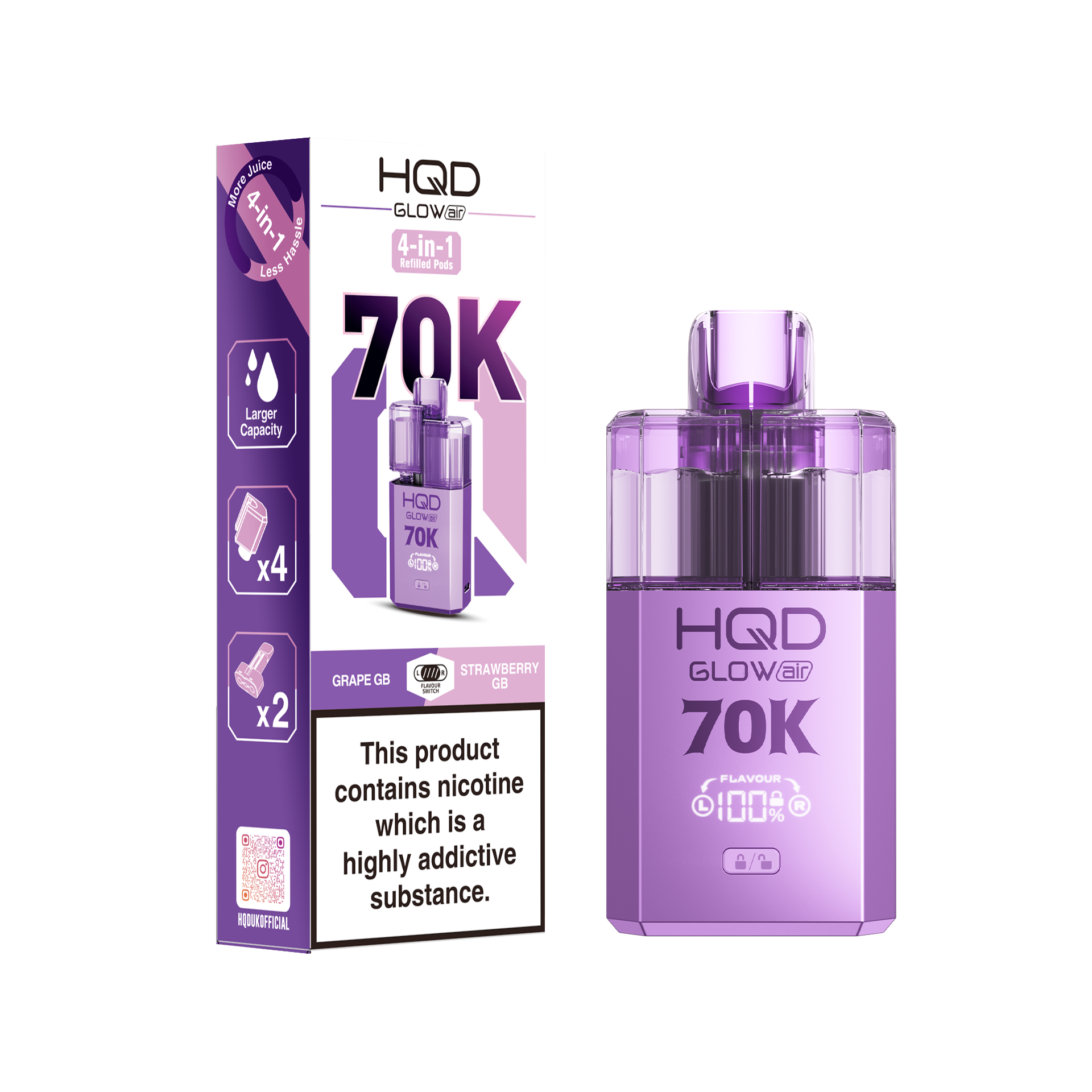 HQD Glow Air 70K Puff Prefilled Pod Vape Kit Box of 5, Grape, Strawberry Flavour