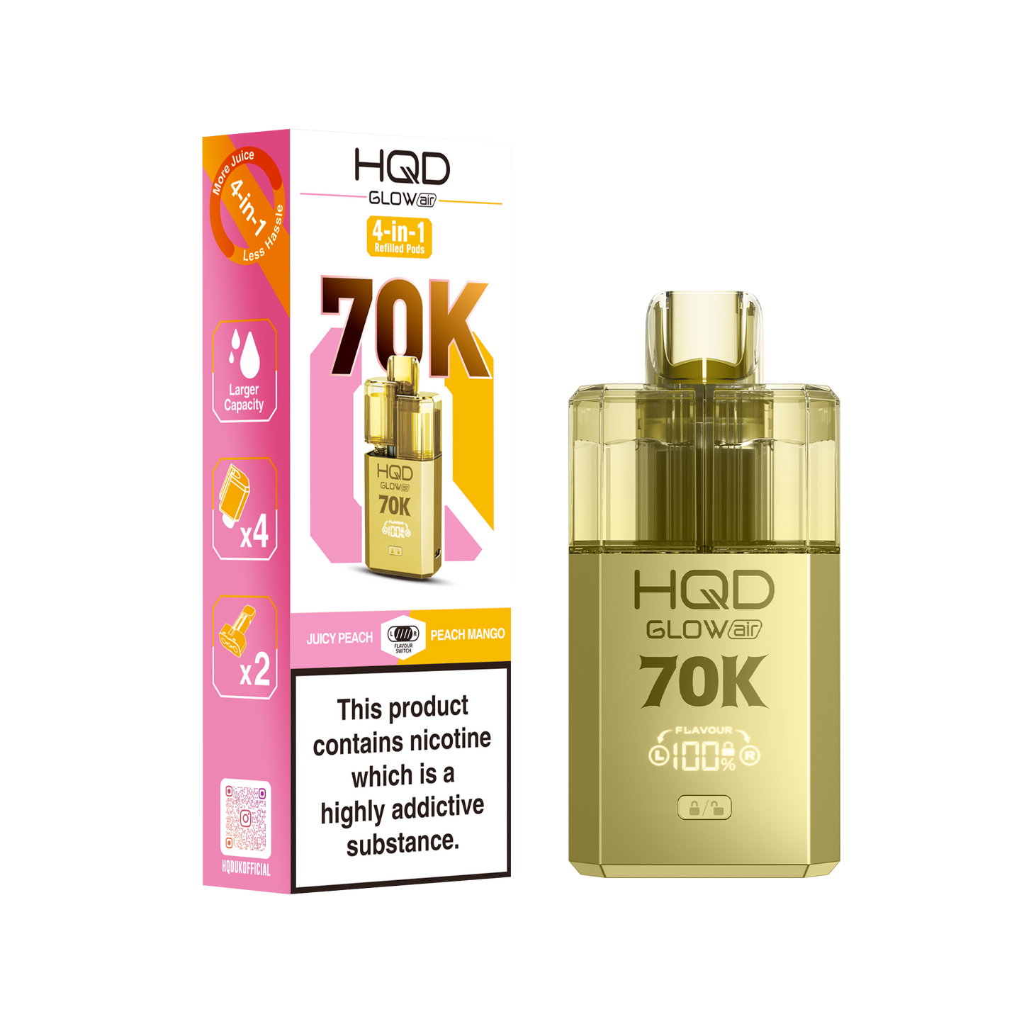 HQD Glow Air 70K Puff Prefilled Pod Vape Kit Box of 5, Juicy Peach, Peach Mango Flavour