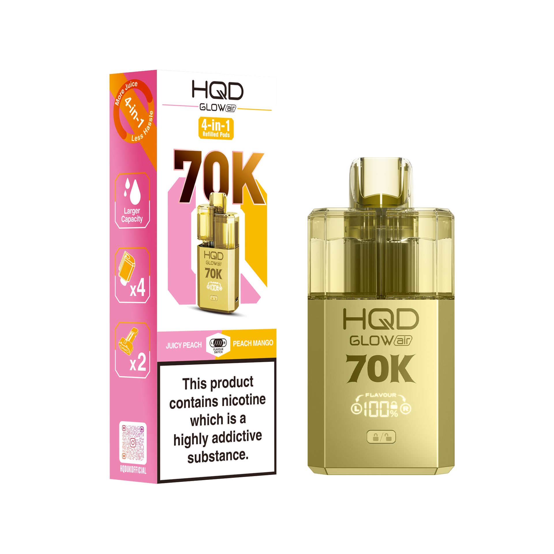 HQD Glow Air 70K Puff Prefilled Pod Vape Kit Box of 5, Juicy Peach, Peach Mango Flavour