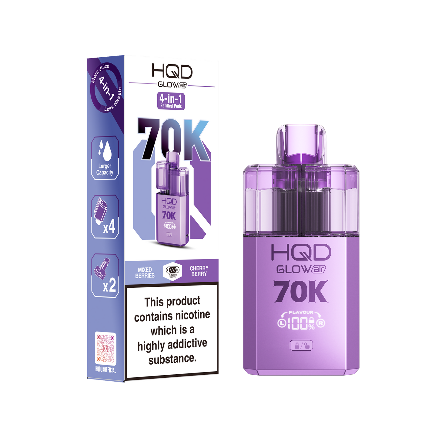 HQD Glow Air 70K Puff Prefilled Pod Vape Kit Box of 5, Mixed Berries, Cherry Berry Flavour