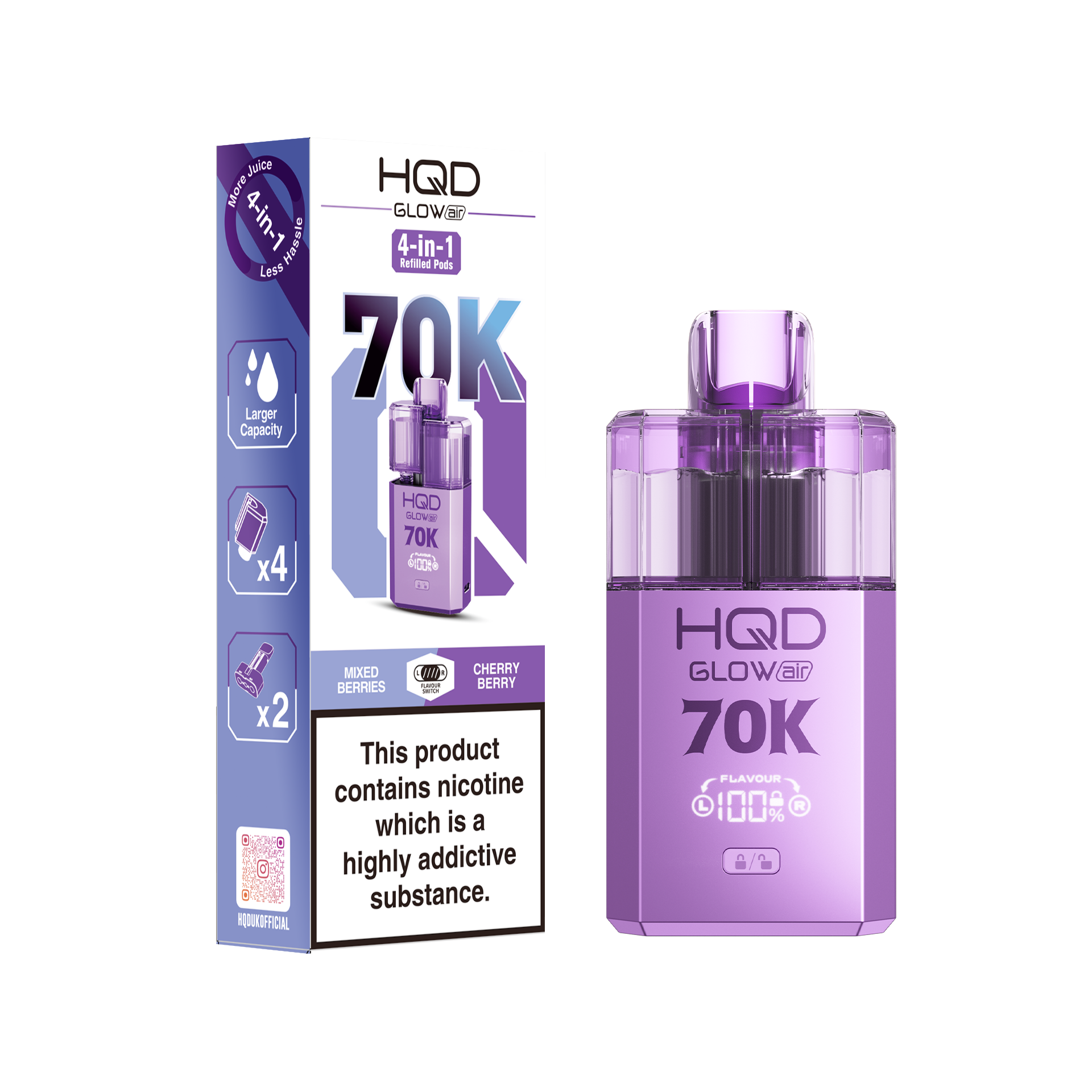 HQD Glow Air 70K Puff Prefilled Pod Vape Kit Box of 5, Mixed Berries, Cherry Berry Flavour