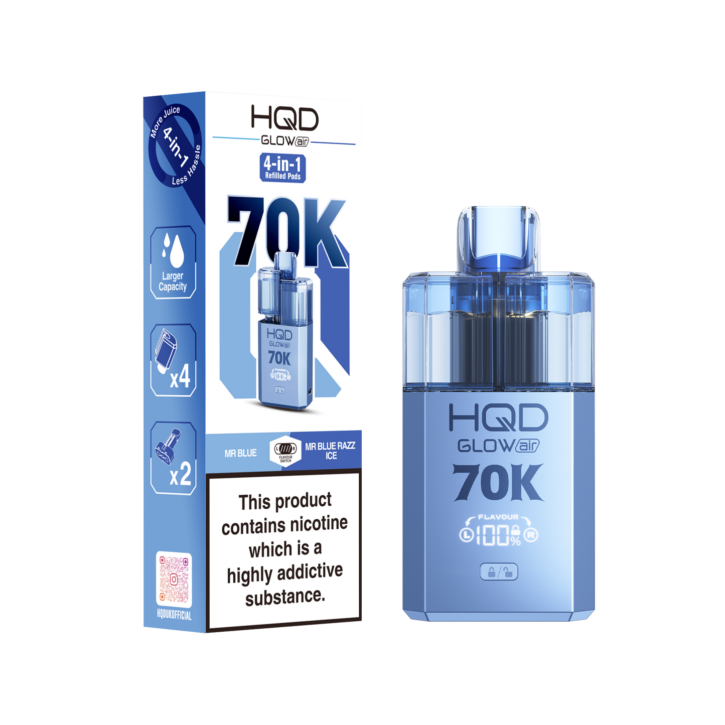 HQD Glow Air 70K Puff Prefilled Pod Vape Kit Box of 5, Blue, Blue Razz Cherry Flavour