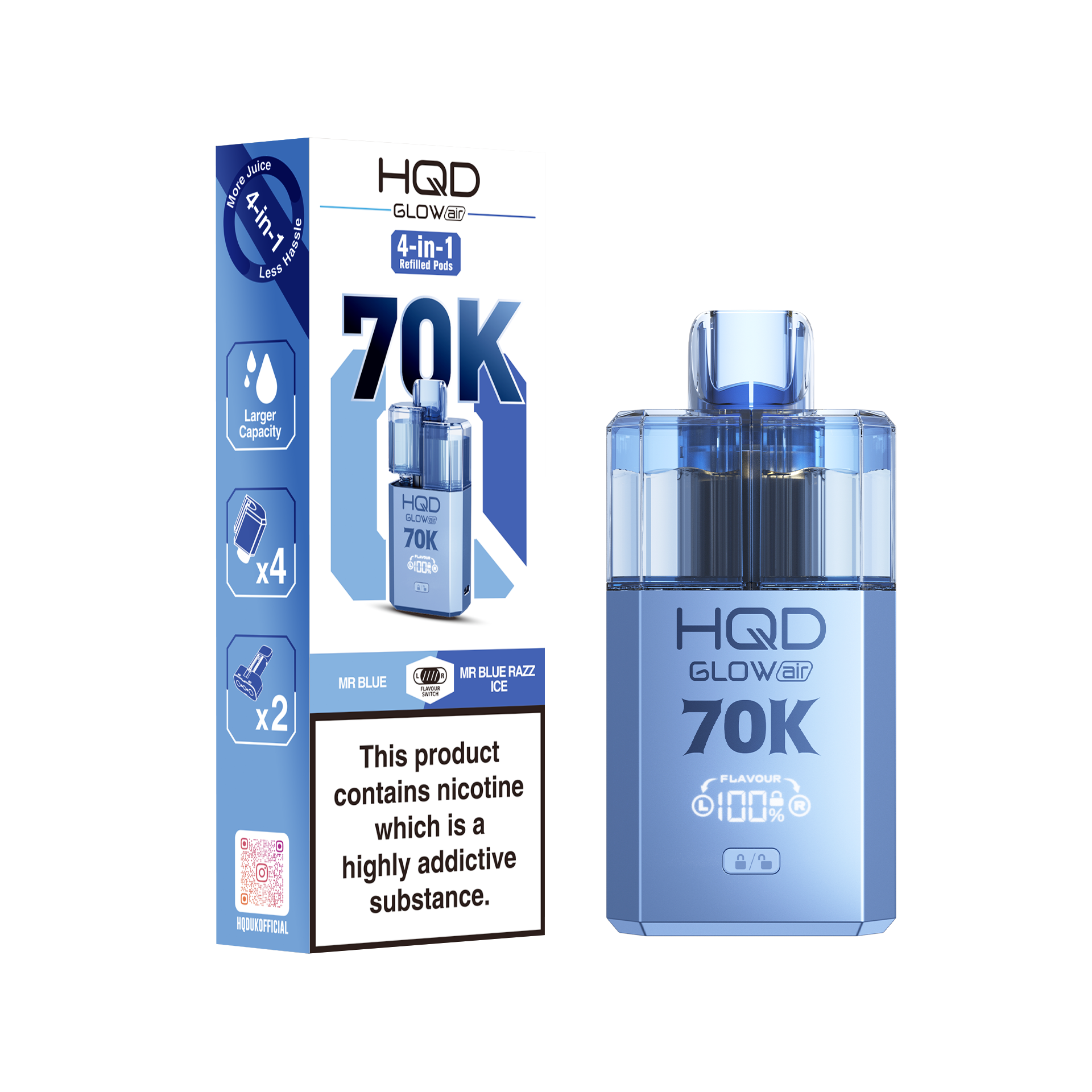 HQD Glow Air 70K Puff Prefilled Pod Vape Kit Box of 5, Blue, Blue Razz Cherry Flavour