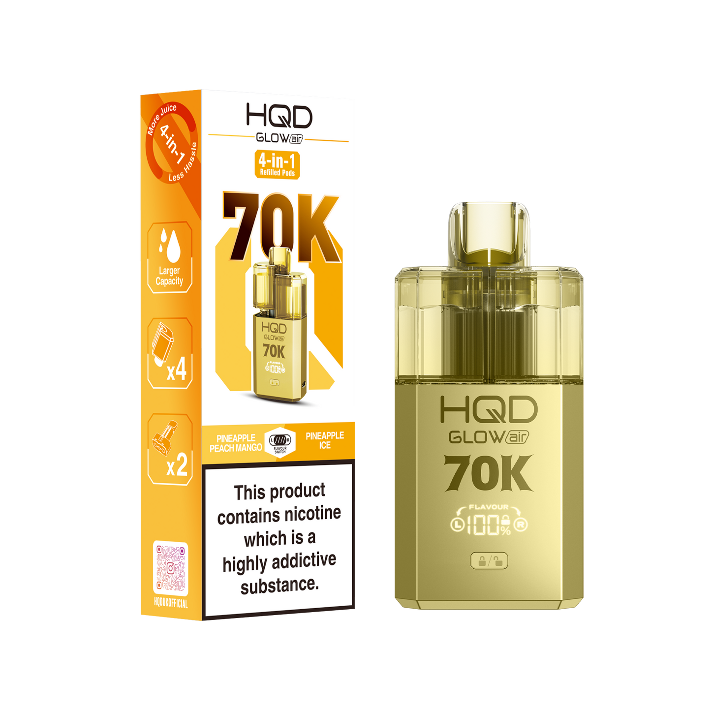 HQD Glow Air 70K Puff Prefilled Pod Vape Kit Box of 5, Pineapple Peach Mango, Pineapple Ice Flavour