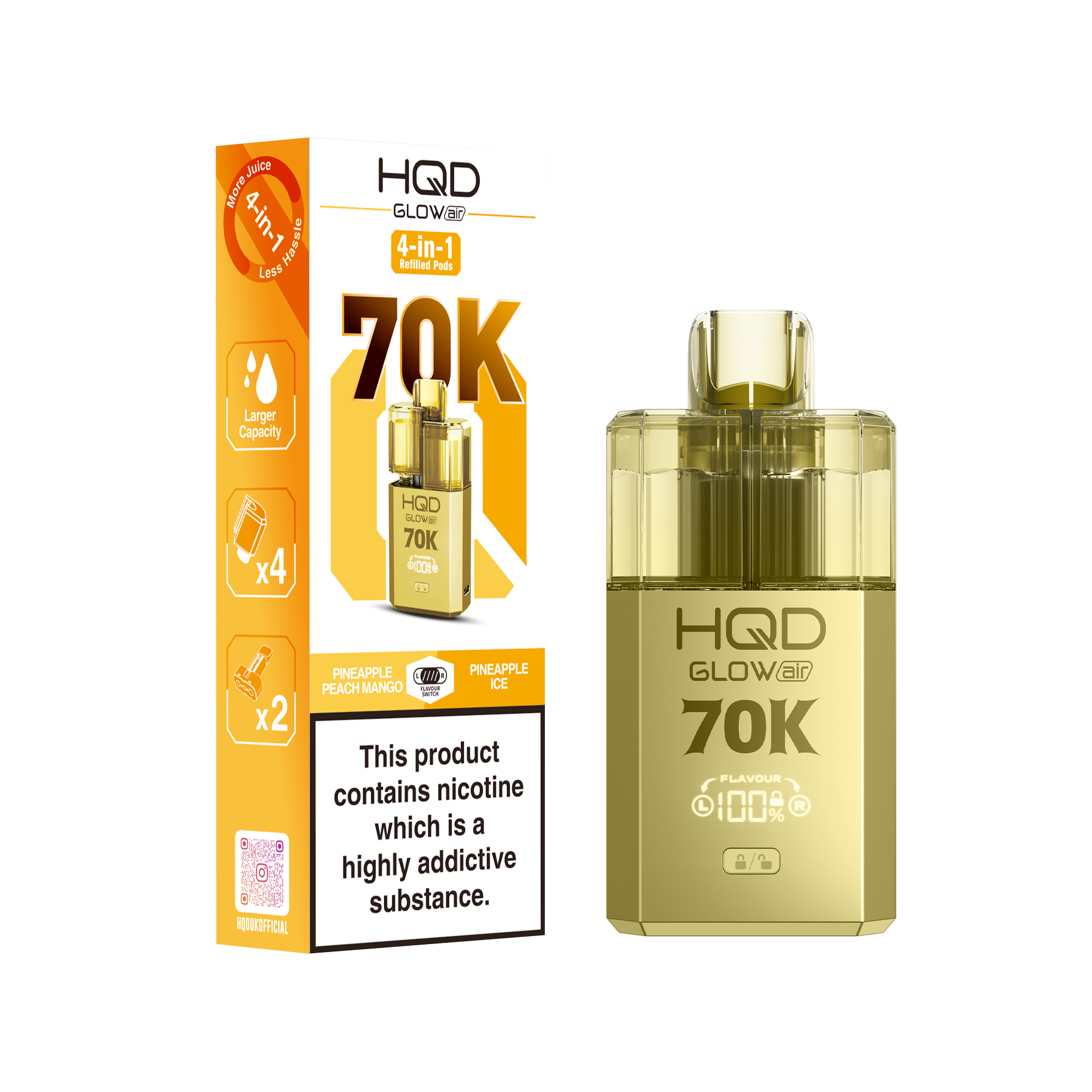 HQD Glow Air 70K Puff Prefilled Pod Vape Kit Box of 5, Pineapple Peach Mango, Pineapple Ice Flavour