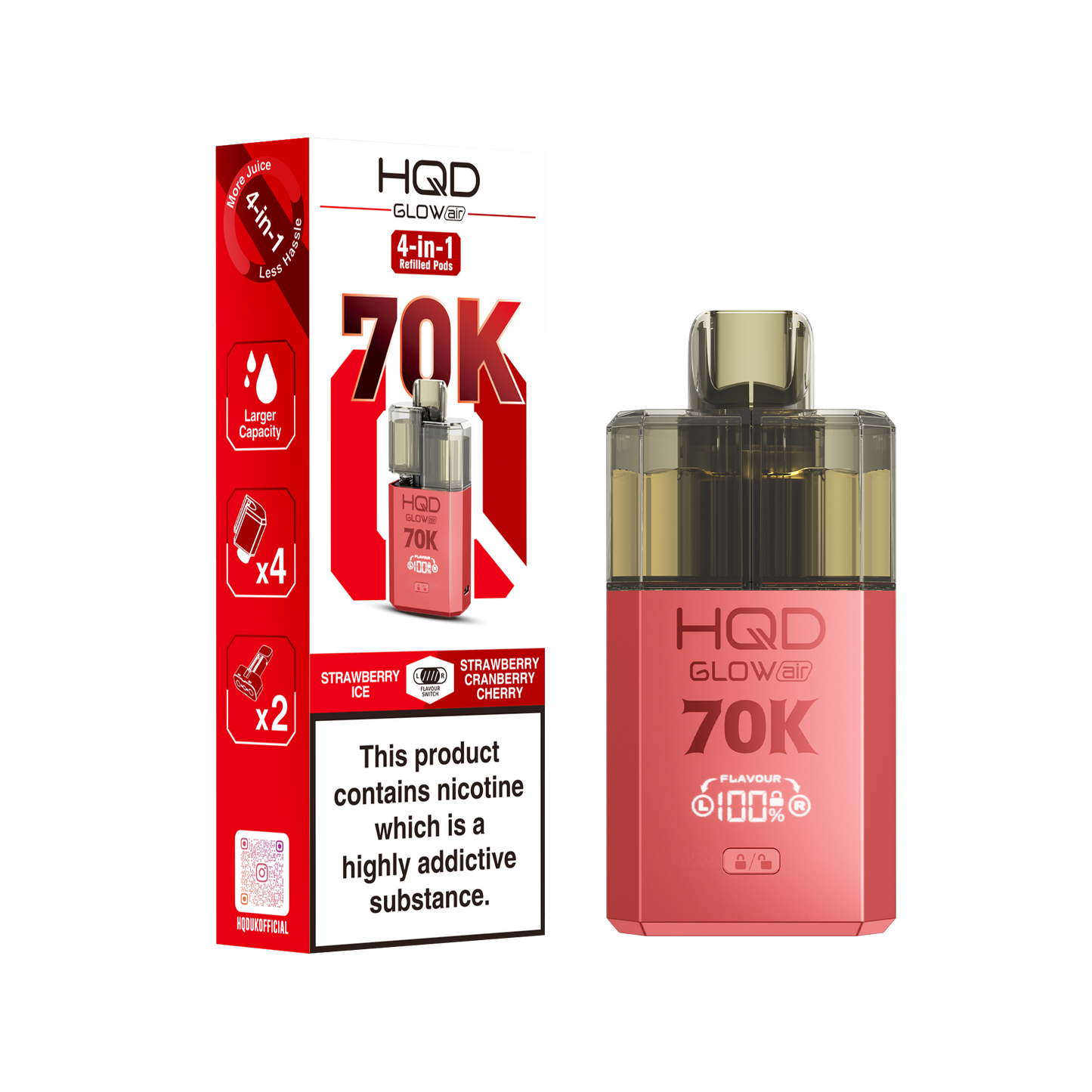 HQD Glow Air 70K Puff Prefilled Pod Vape Kit Box of 5, Strawberry Ice, Strawberrry Cranberry Cherry Flavour