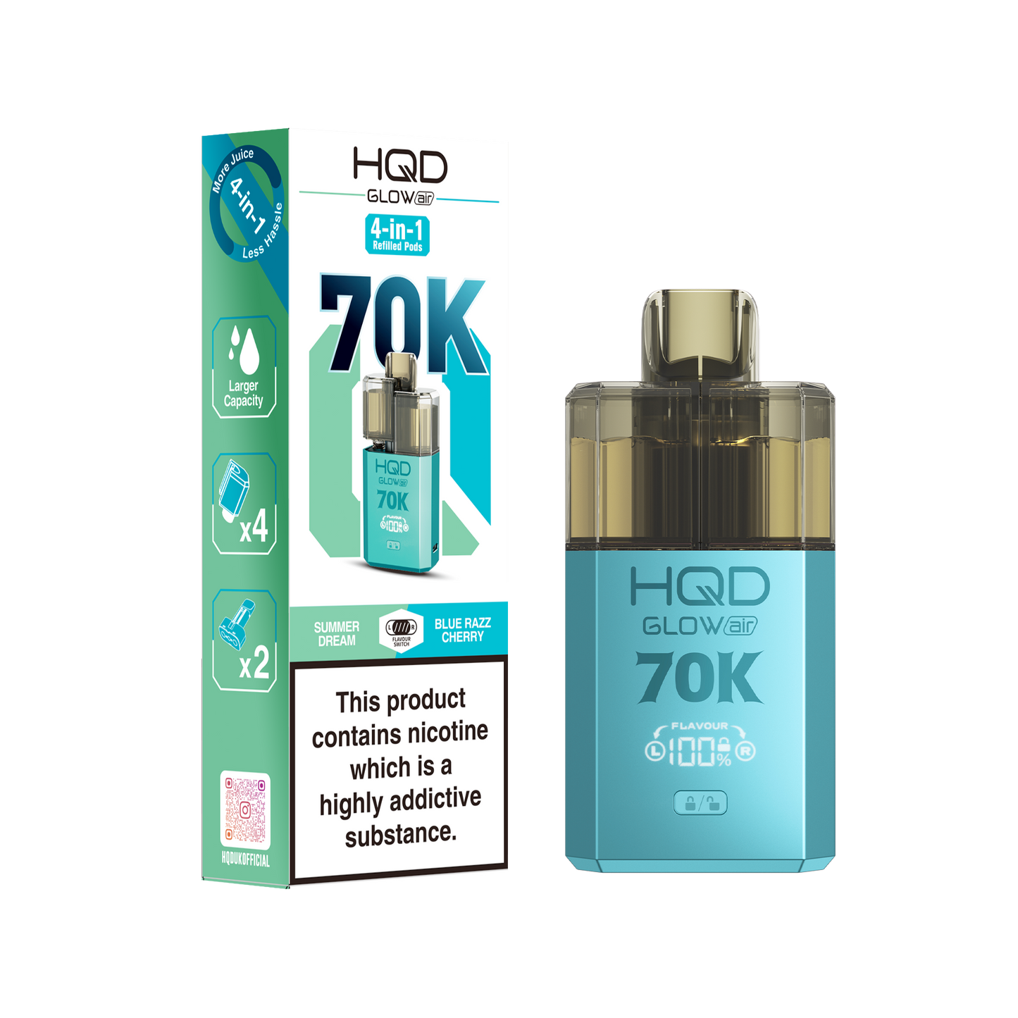 HQD Glow Air 70K Puff Prefilled Pod Vape Kit Box of 5, Summer Dream, Blue Razz Cherry Flavour