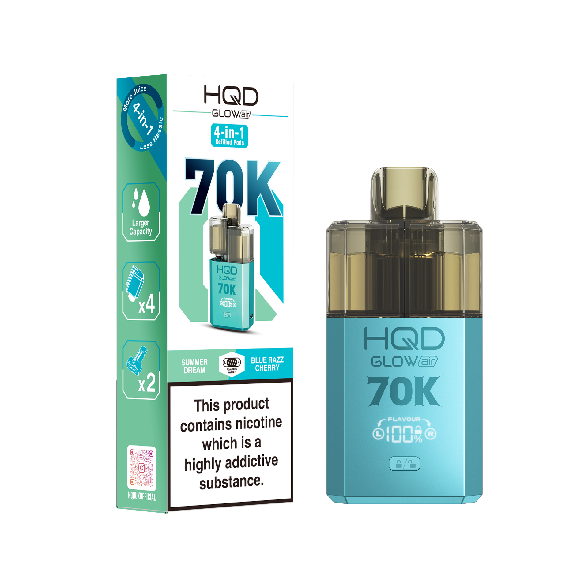 HQD Glow Air 70K Puff Prefilled Pod Vape Kit Box of 5, Summer Dream, Blue Razz Cherry Flavour