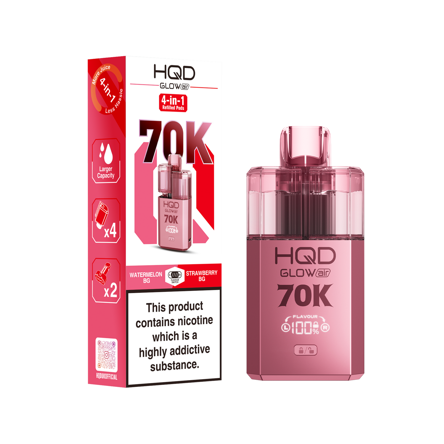 HQD Glow Air 70K Puff Prefilled Pod Vape Kit Box of 5, Watermelon, Strawberry Ice Flavour