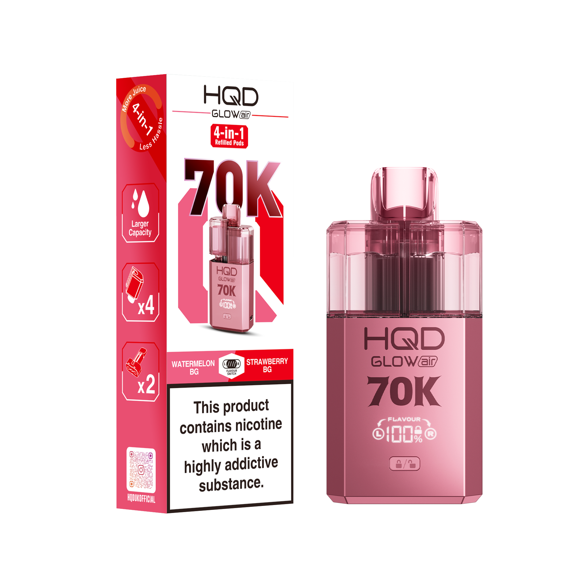 HQD Glow Air 70K Puff Prefilled Pod Vape Kit Box of 5, Watermelon, Strawberry Ice Flavour