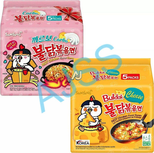 Samyang Hot Spicy Chicken Buldak Noodle Combo - Carbonara 5 Packs & Cheese 5 Pac