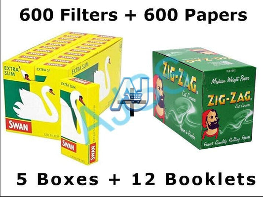 ZIG ZAG Green Regular Rolling Papers & SWAN Extra Slim Filter Tips Bundle