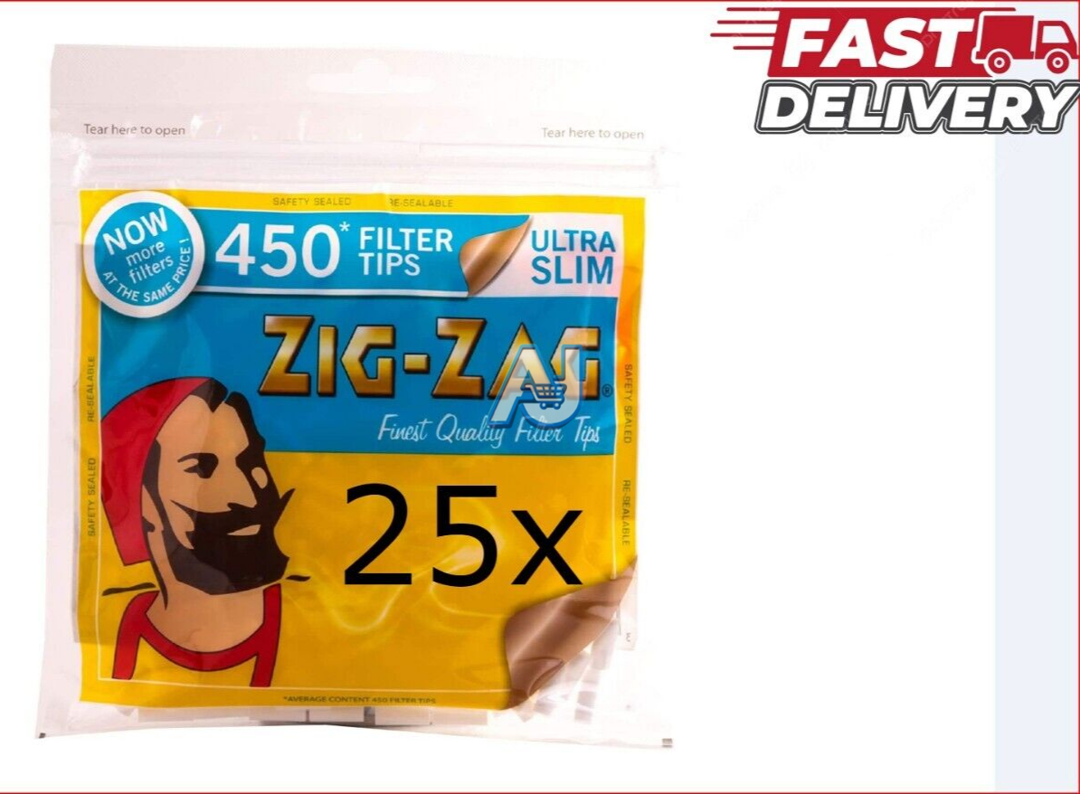 25x Zig Zag Ultra Slim Cigarette Filter Tips, 450-Pack, Resealable Bags Set