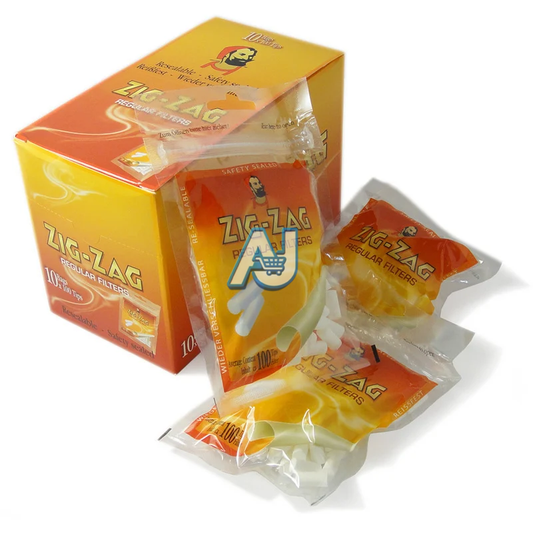 ZIG ZAG REGULAR CIGARETTE FILTER TIPS, BOX OF 10 RESEALABLE BAGS, 100 TIPS PER