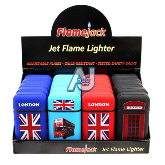 FlameJack Jet Flame Refillable Lighters-London(Assorted Designs)-(20)