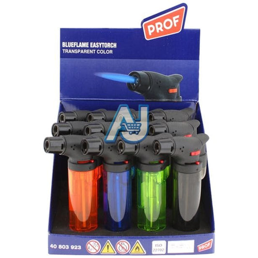 PROF Blue Jet Flame Easy Torch Refillable Lighters - Transparent Assorted Colours