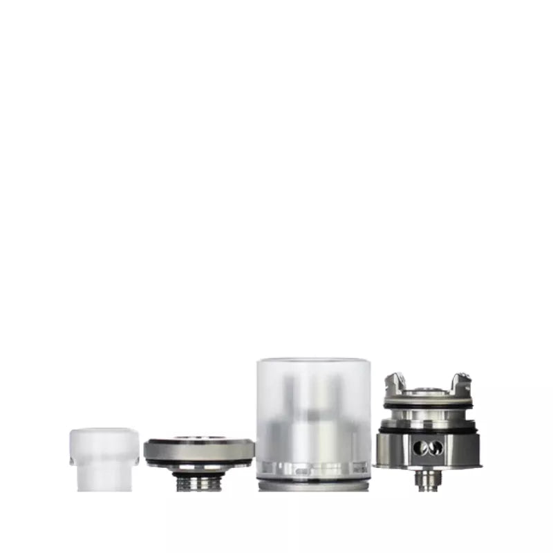 Hussar X Zoo Mods JAKA RTA dismantled with drip tip, base, tank section and deck.