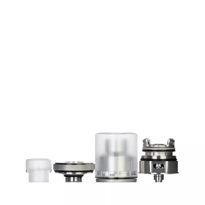 Hussar X Zoo Mods JAKA RTA dismantled with drip tip, base, tank section and deck.