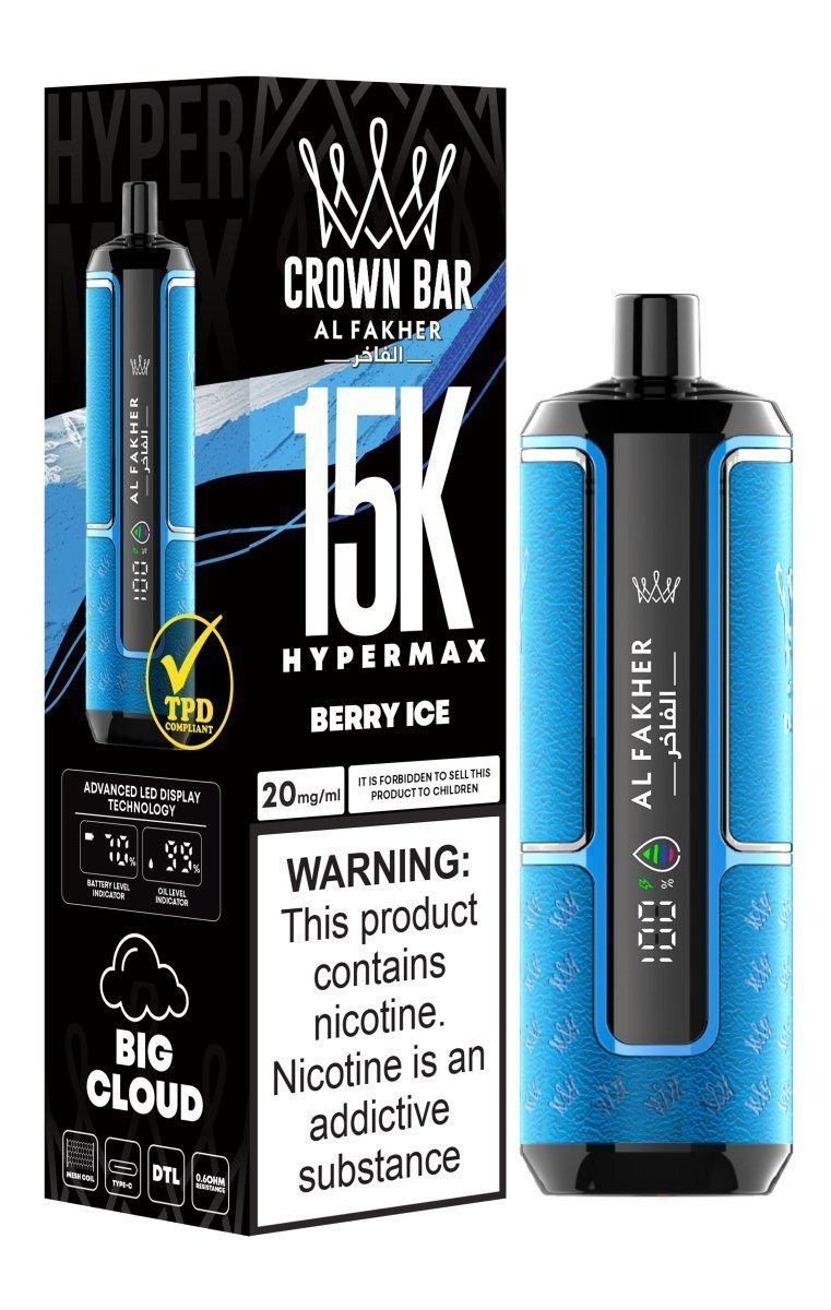 Al Fakher Crown Bar Hypermax 15k Puffs Prefilled Vape Box of 5, Berry Ice Flavour