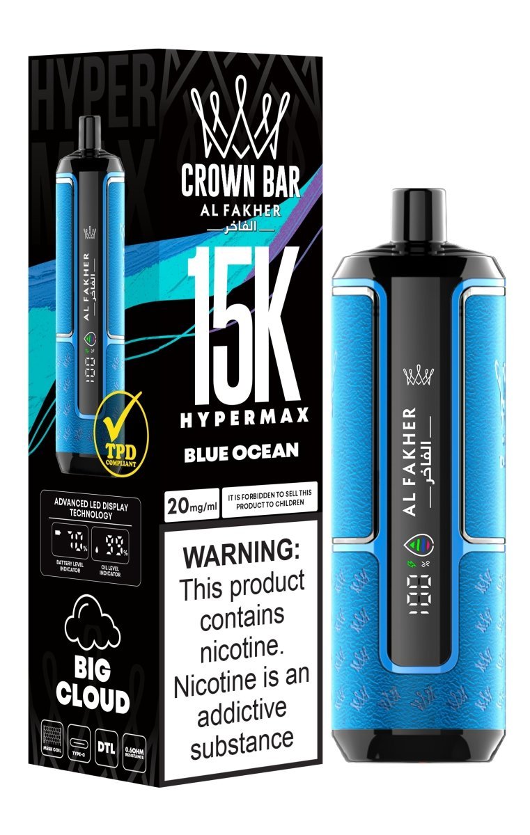 Al Fakher Crown Bar Hypermax 15k Puffs Prefilled Vape Box of 5, Blue Ocean Flavour