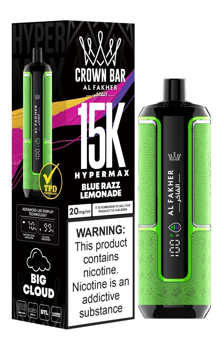 Al Fakher Crown Bar Hypermax 15k Puffs Prefilled Vape Box of 5, Blue Razz Lemonade Flavour