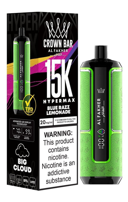 Al Fakher Crown Bar Hypermax 15k Puffs Prefilled Vape Box of 5, Blue Razz Lemonade Flavour