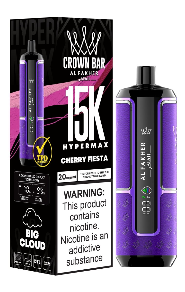 Al Fakher Crown Bar Hypermax 15k Puffs Prefilled Vape Box of 5, Cherry Fiesta Flavour
