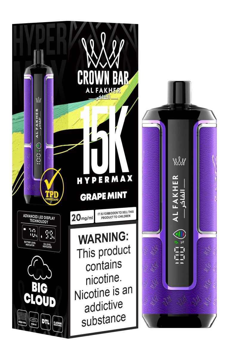 Al Fakher Crown Bar Hypermax 15k Puffs Prefilled Vape Box of 5, Grape Mint Flavour