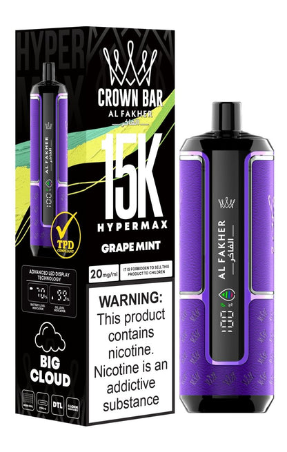 Al Fakher Crown Bar Hypermax 15k Puffs Prefilled Vape Box of 5, Grape Mint Flavour