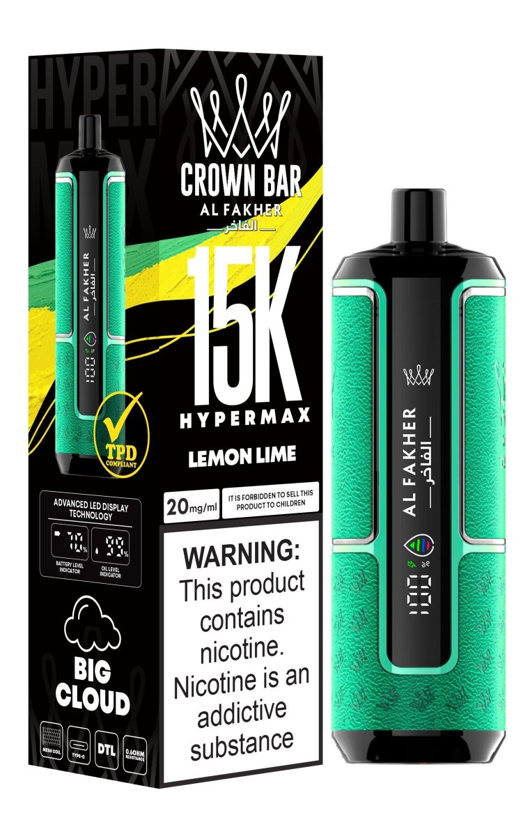Al Fakher Crown Bar Hypermax 15k Puffs Prefilled Vape Box of 5, Lemon Lime Flavour