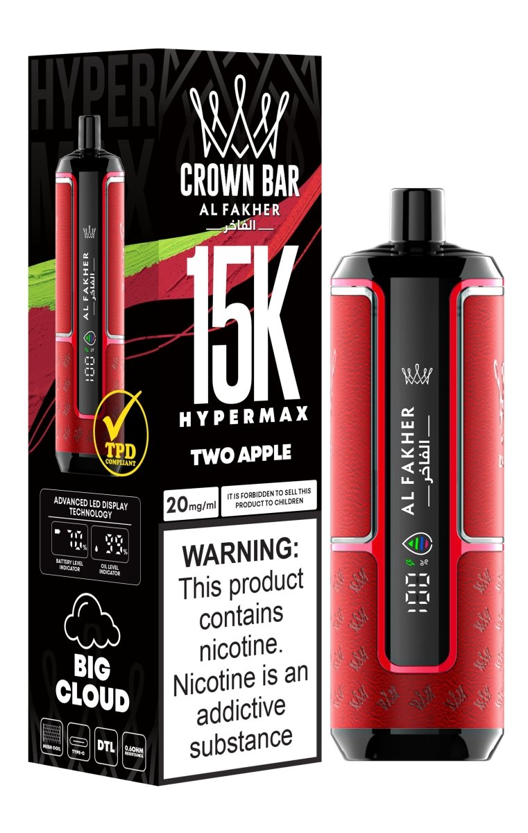 Al Fakher Crown Bar Hypermax 15k Puffs Prefilled Vape Box of 5, Two Apple Flavour