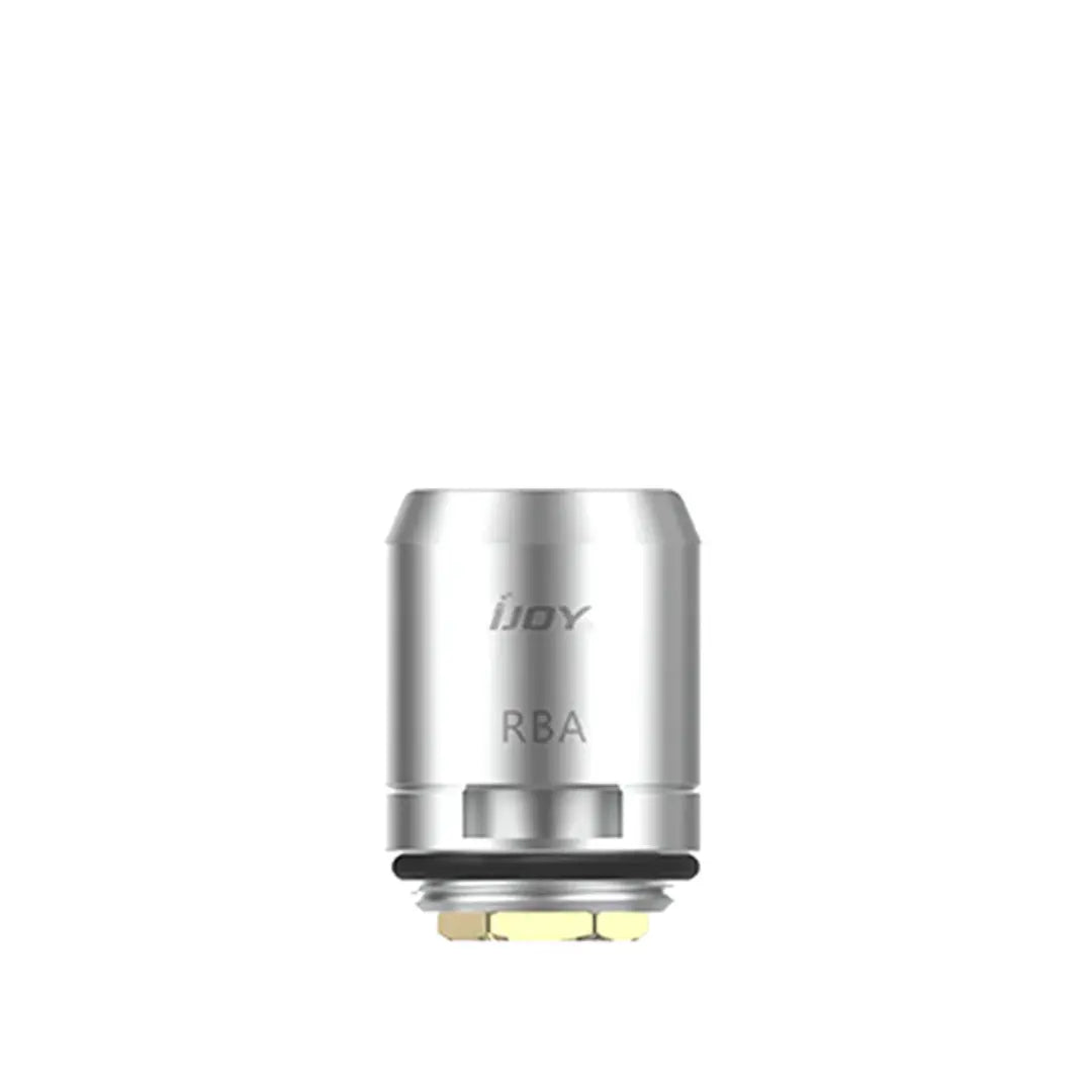 Silver iJoy RBA coil with engraved logo, displayed on a plain background.