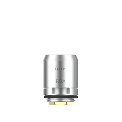 Silver iJoy RBA coil with engraved logo, displayed on a plain background.