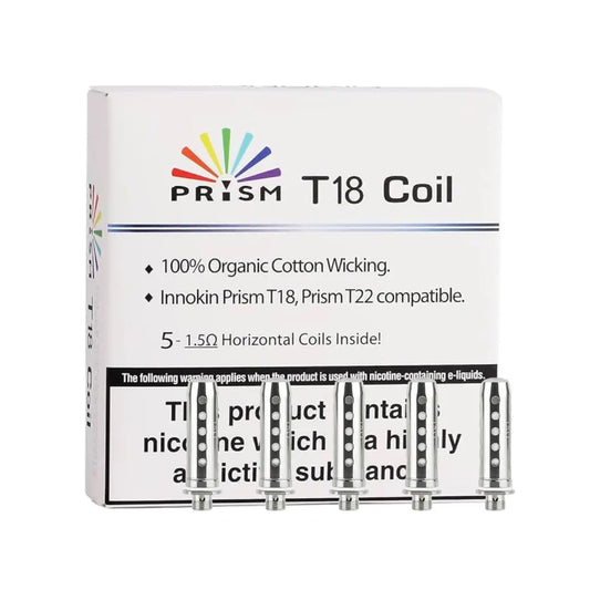 Box of Innokin Prism coils and box T18 1.5 ohm  5 pack with logo, highlighting organic cotton wicking and coil details.