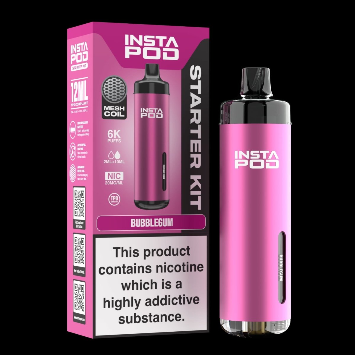 Insta Pod 6000 Prefilled Pod Vape Kit Box of 5, Bubble Gum Flavour
