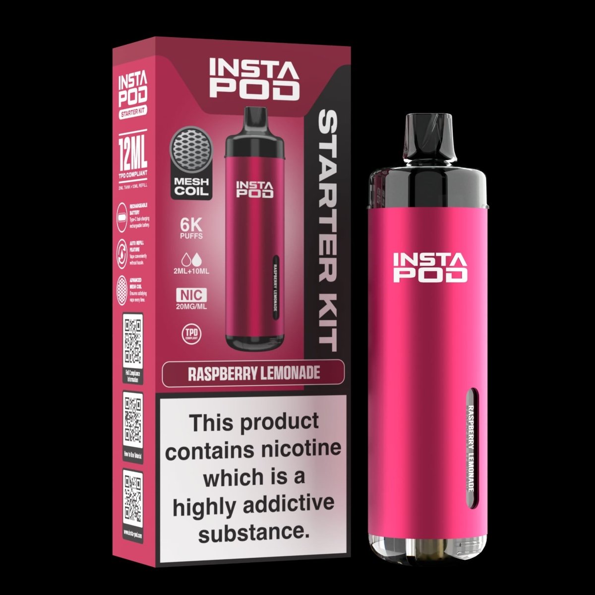Insta Pod 6000 Prefilled Pod Vape Kit Box of 5, Raspberry Lemonade Flavour