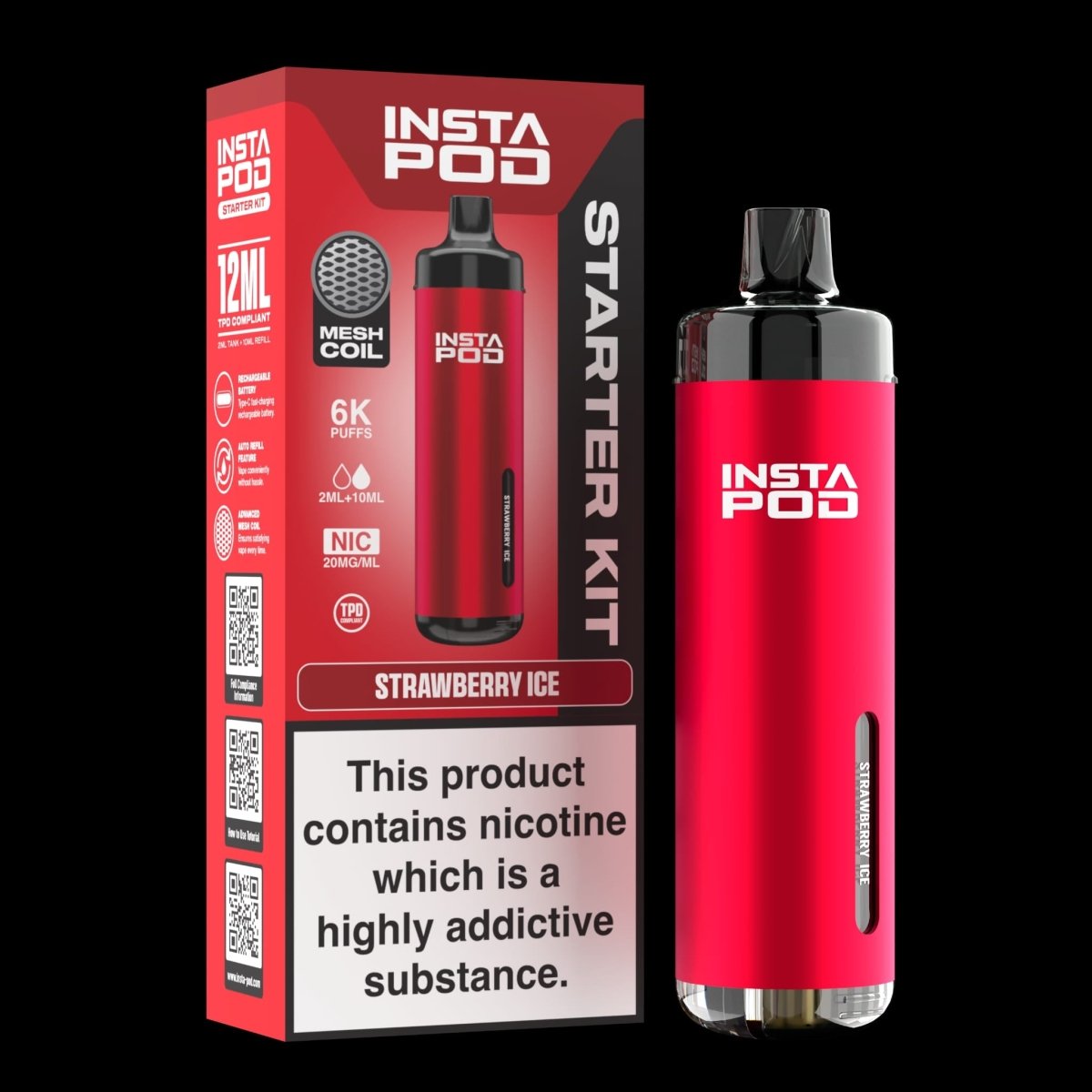 Insta Pod 6000 Prefilled Pod Vape Kit Box of 5, Strawberry Ice Flavour