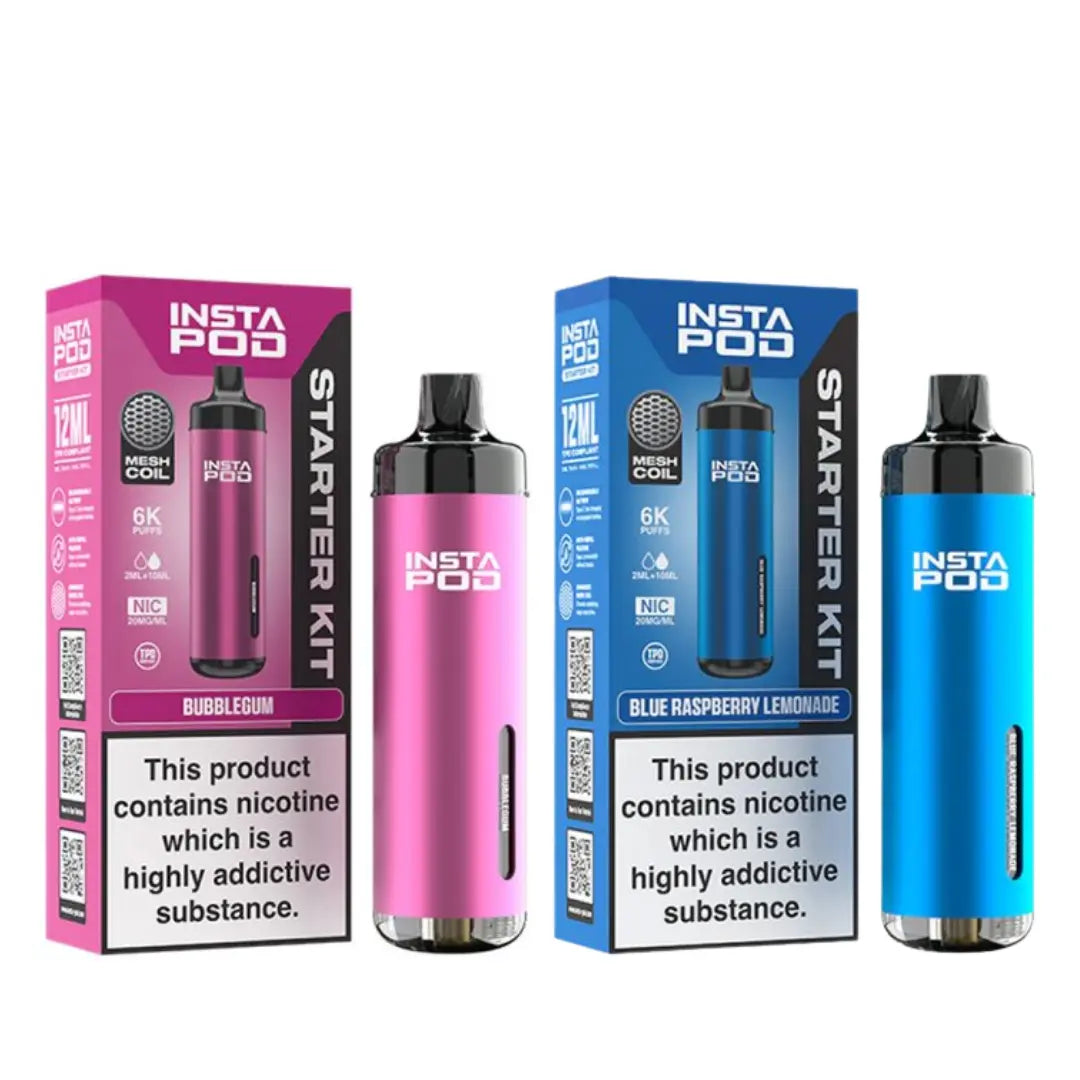 Instapod 6000 Vape Starter Kits in Bubblegum and Blue Raspberry Lemonade flavours, featuring a mesh coil and 6,000 puffs capacity