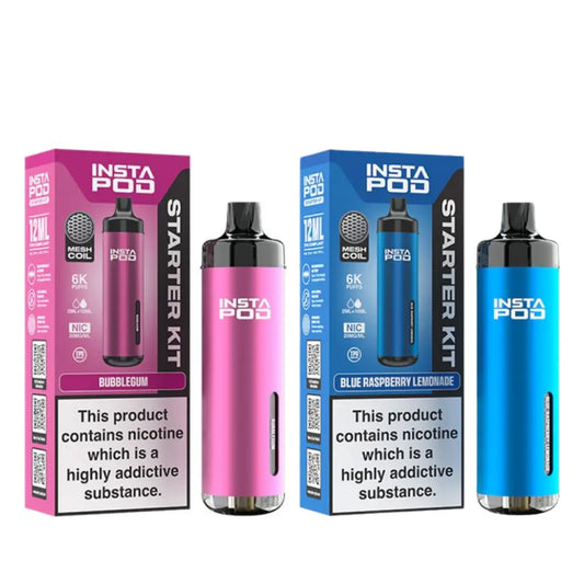 Instapod 6000 Vape Starter Kits in Bubblegum and Blue Raspberry Lemonade flavours, featuring a mesh coil and 6,000 puffs capacity