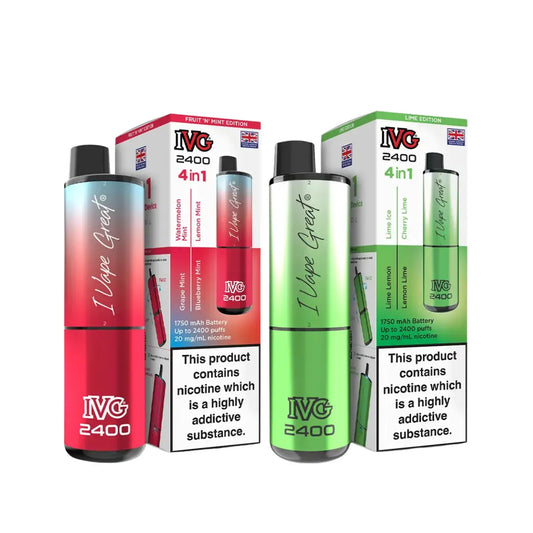 IVG 2400 Pre-Filled Kit new 2025 IVG 4 in 1 kit TPD Legal. Displaying the Fruit and mint edition and the Lime Edtion 