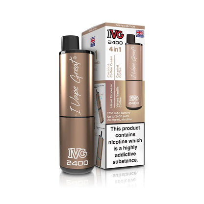 IVG 2400 Pre-Filled Kit new 2025 IVG 4 in 1 kit TPD Legal - Coffee Edition - Hazel Espresso - Coconut Coffee Cream - Velvet Vanilla Coffee - Caramel Coffee